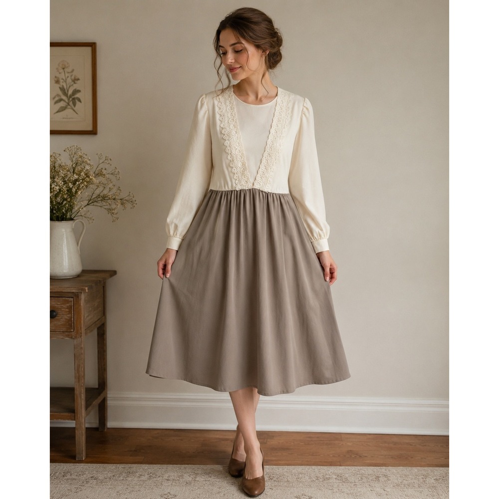 Bedford Fair Dress Womens 10 Cream Brown Vintage Lace Trim Midi Long Sleeve USA